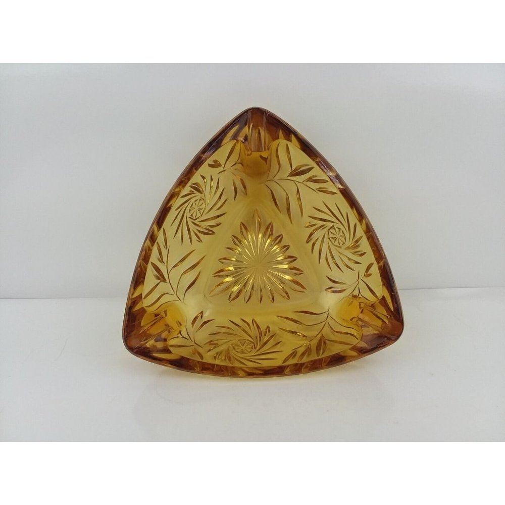 Mid Century Amber Ashtray Triangle Shape Art Deco